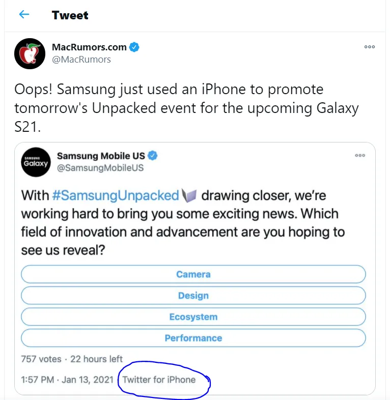 Samsung đăng nội dung trên twitter bằng iPhone